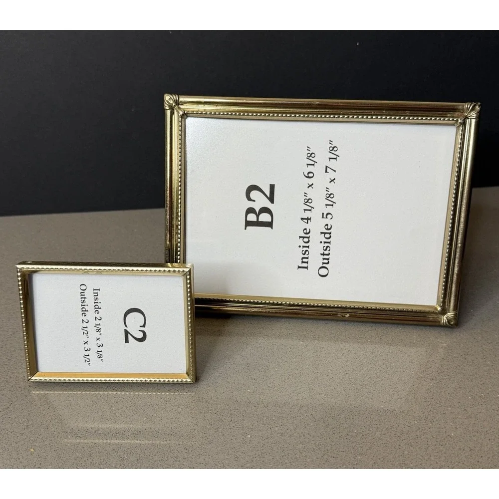 Lot of 2 Vintage MCM Art Deco Brass Metal Picture Frame Gold Tone 4x6 & 2x3 EUC